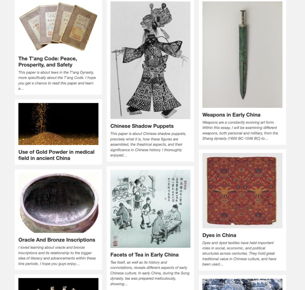 Screenshot of the SPLOT for a course on the history of Chinese material culture, showing images and brief excerpts of text