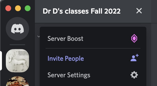 Screenshot of the drop-down menu from clicking "Server name" shows the second item under "Server boost" is "Invite people"